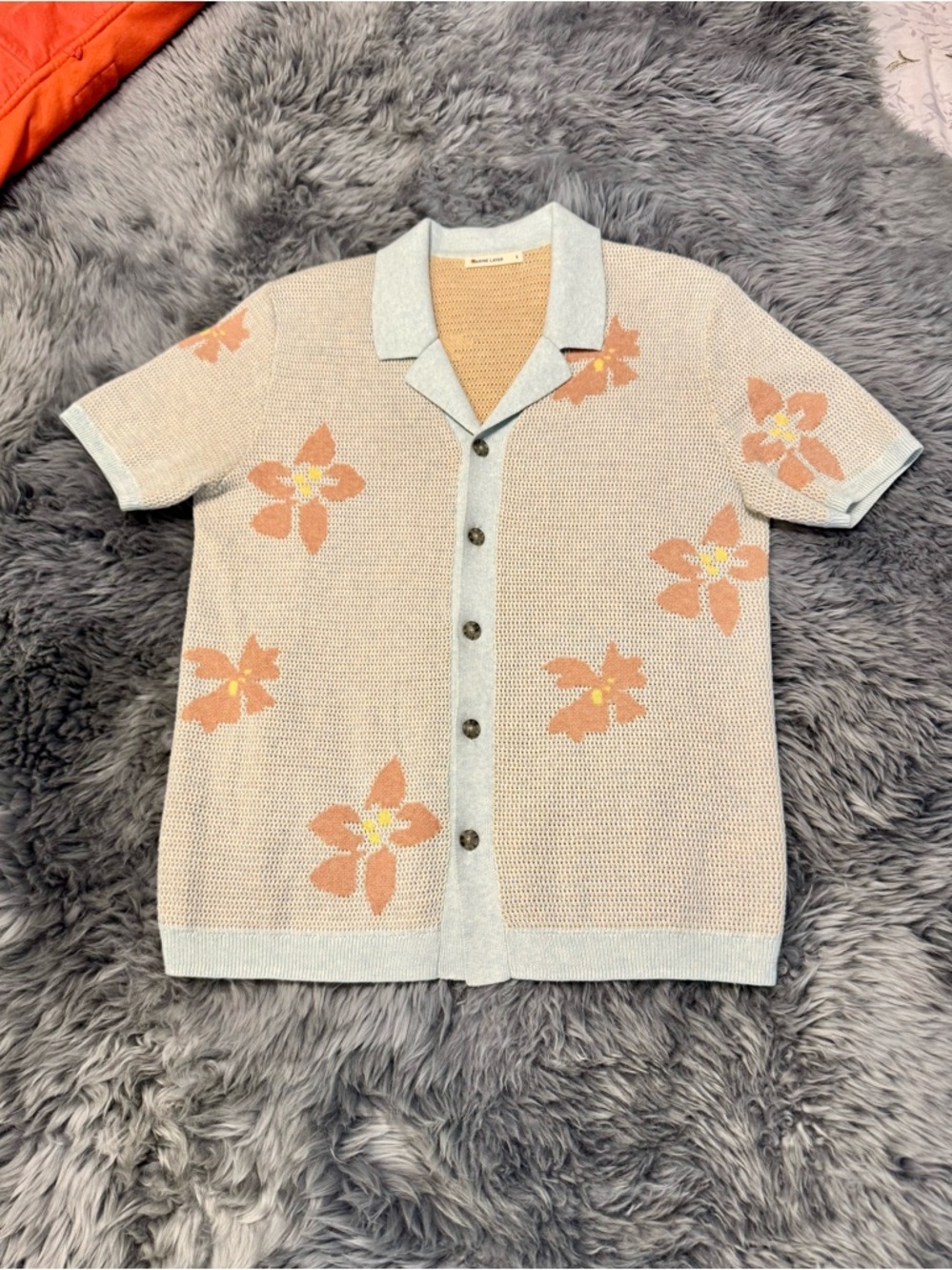 Marine Layer Light Blue Knit Button-Down Shirt with Peach Floral Pattern